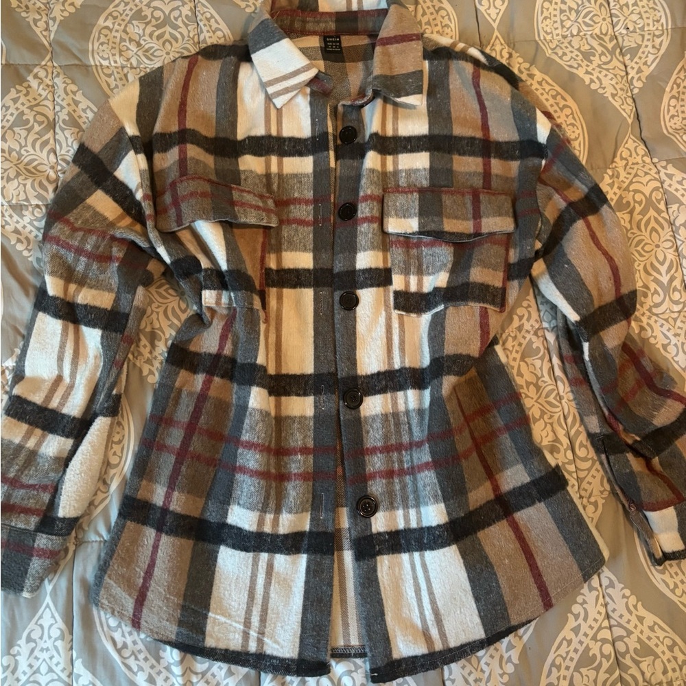Plaid Button-Up Shacket in Cream, Gray Maroon & Brown